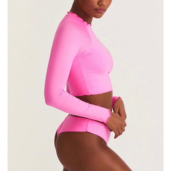 LoveShackFancy X Hurley rhinestone hot pink long sleeve rash guard - Picture 2 of 8